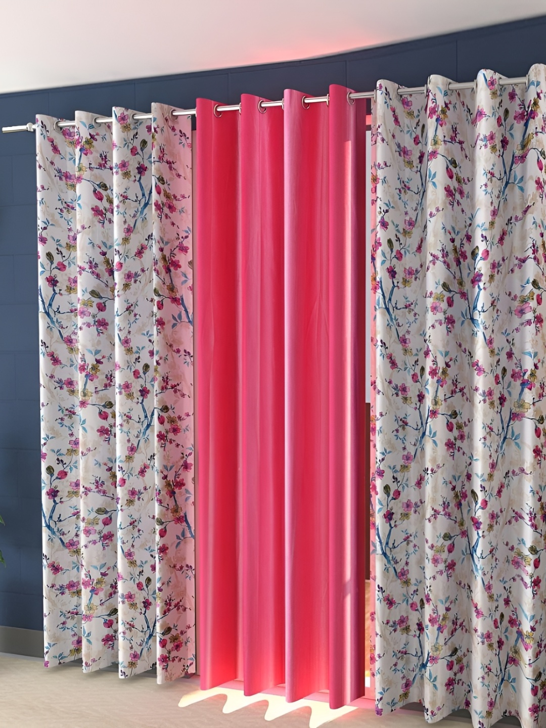 

Shopgallery White & Pink 3 Pieces Floral Room Darkening Door Curtain
