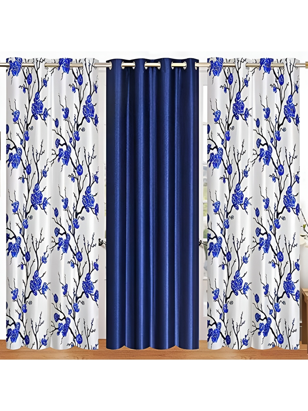 

Shopgallery Navy Blue& White 3 Pieces Floral Room Darkening Long Door Curtain