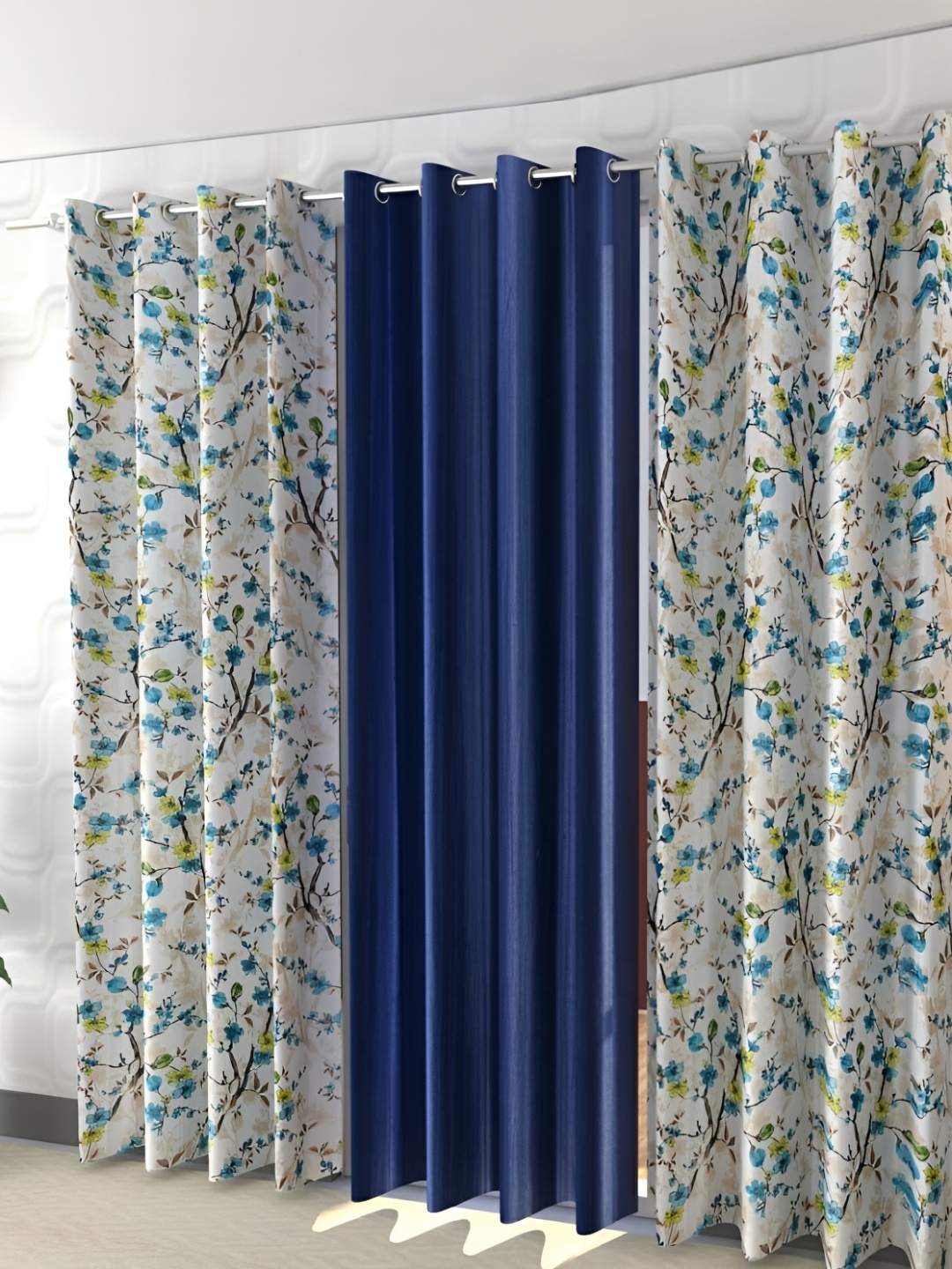 

Shopgallery Blue & White 3 Pieces Floral Room Darkening Long Door Curtain