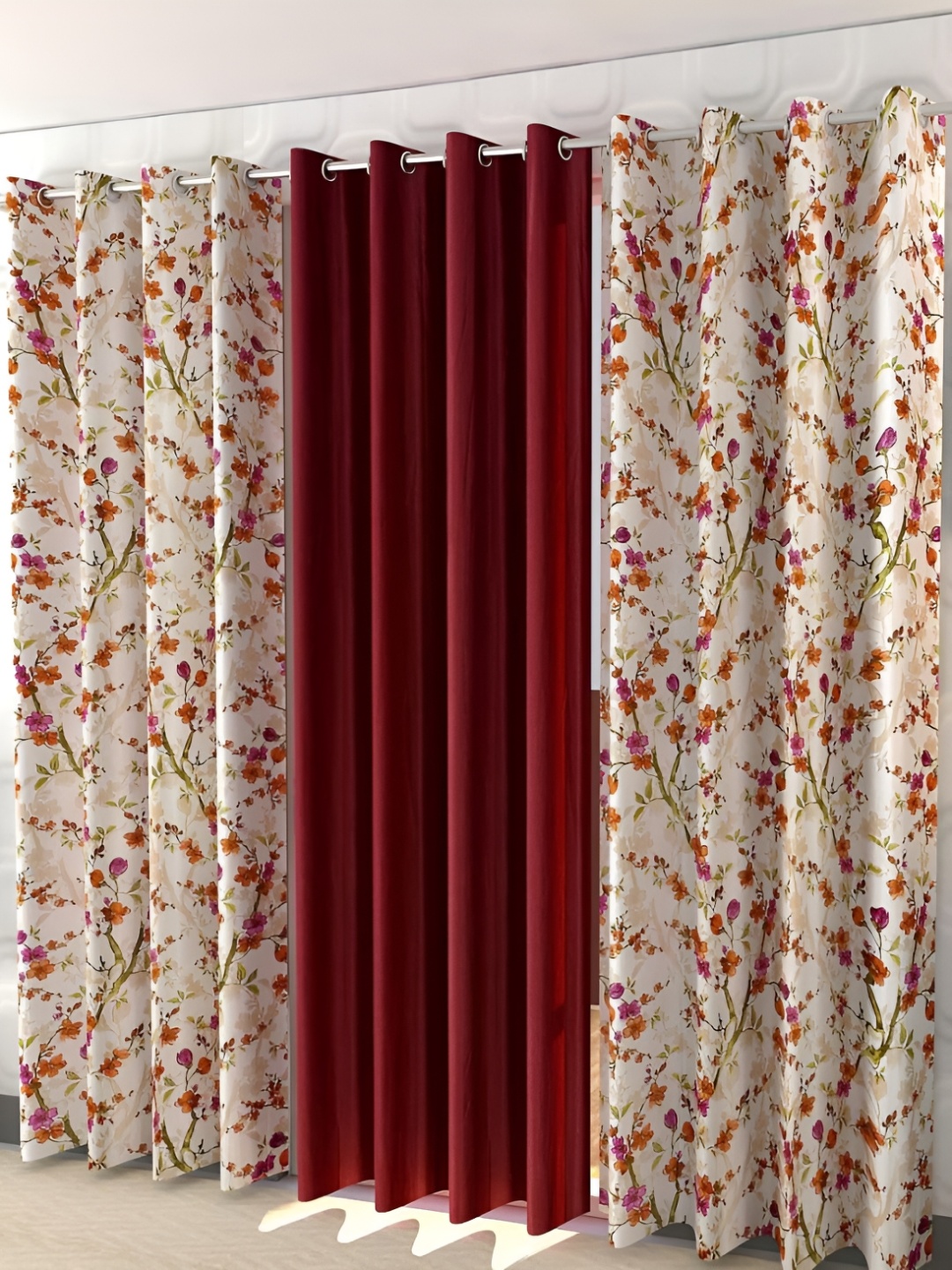 

Shopgallery Maroon & White 3 Pieces Floral Room Darkening Long Door Curtain