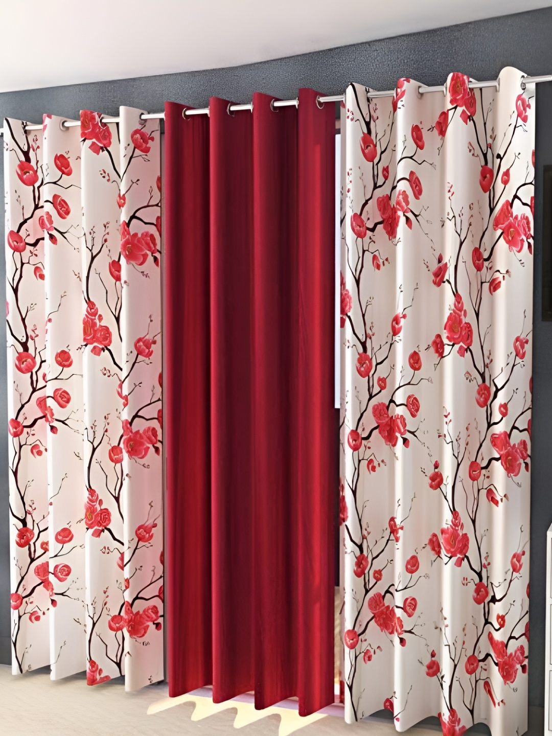 

Shopgallery Red & White 3 Pieces Floral Room Darkening Long Door Curtain