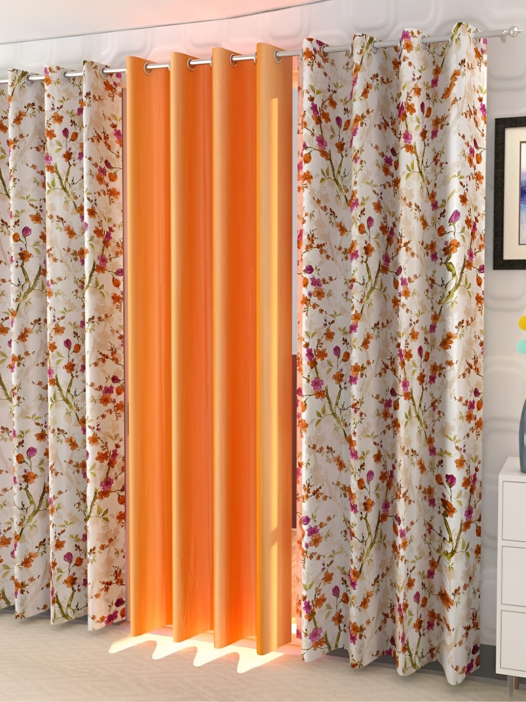 

Shopgallery Orange & White 3 Pieces Floral Room Darkening Long Door Curtain