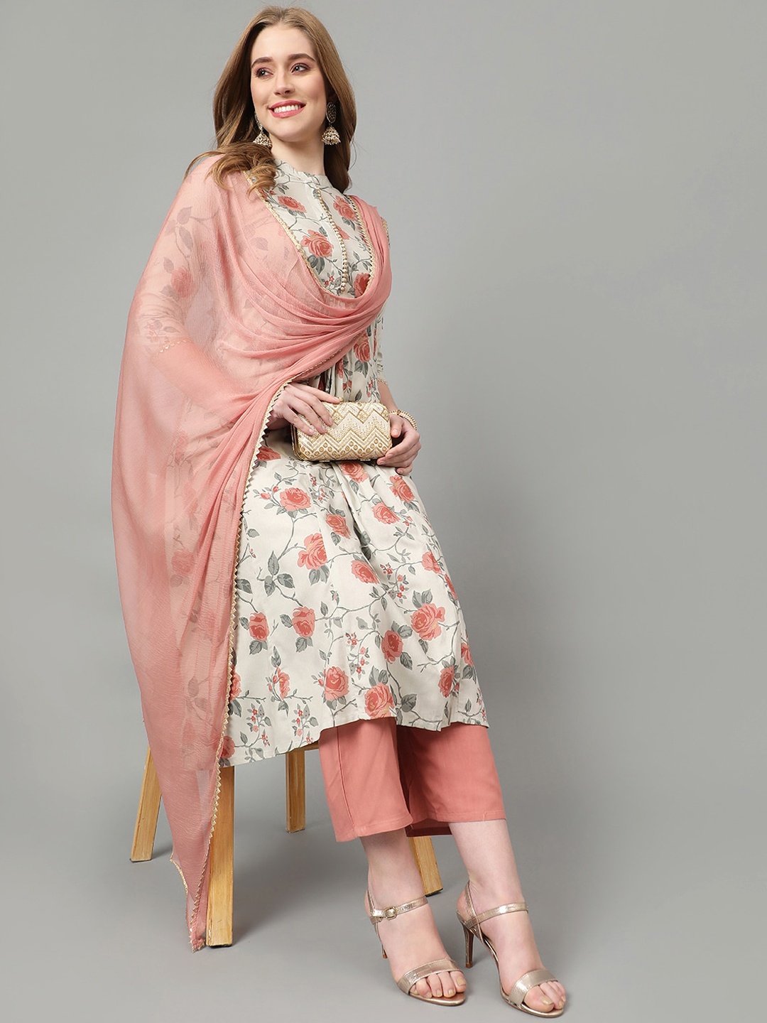 

Khushal K Women Floral Printed Regular Kurta with Palazzos & With Dupatta, Pink