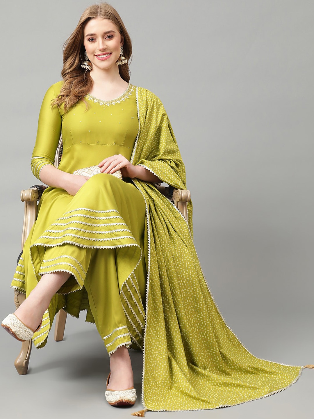 

Khushal K Women Regular Gotta Patti Kurta with Trousers & With Dupatta, Green