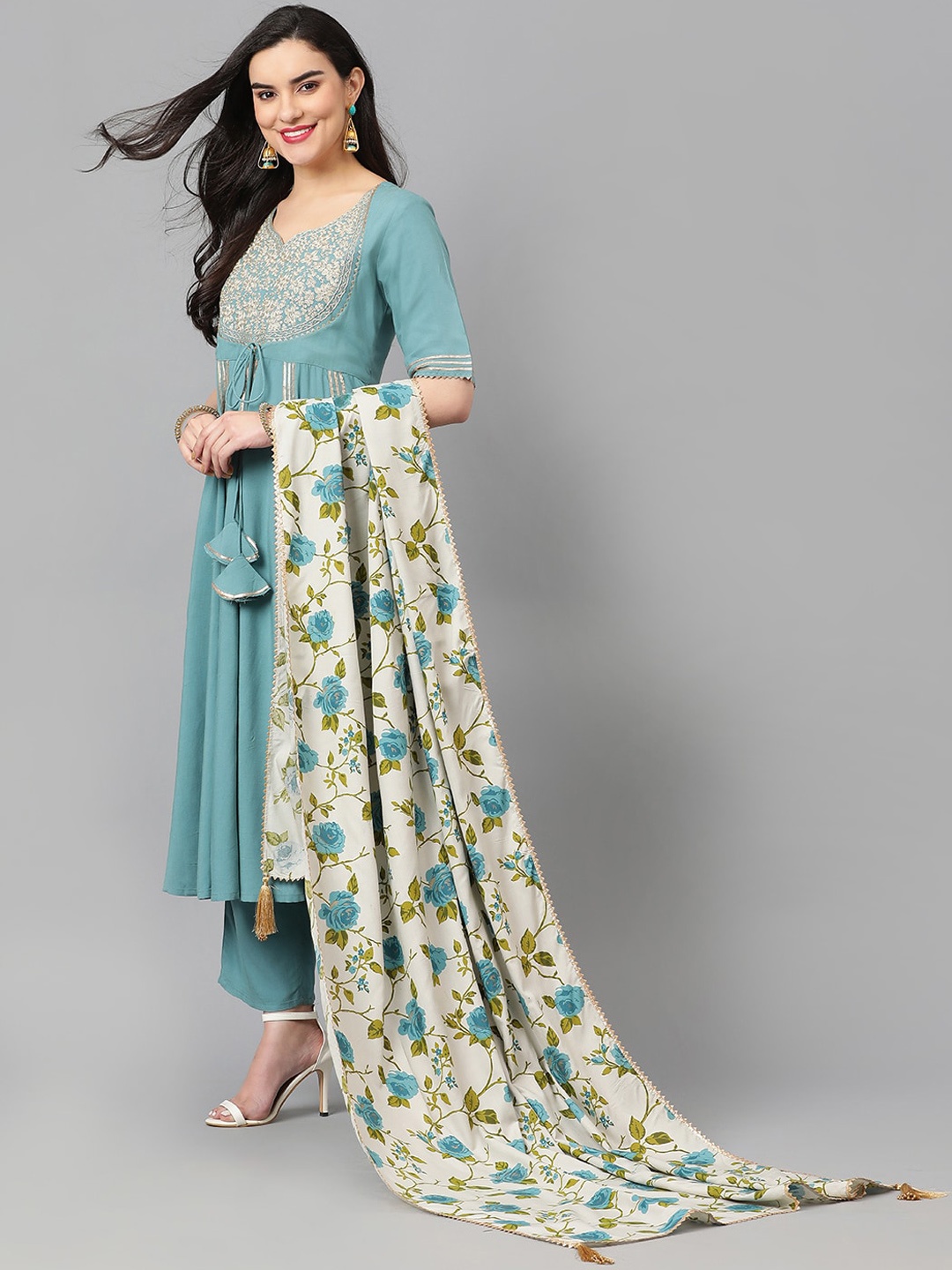 

Khushal K Women Floral Embroidered Regular Thread Work Kurta with Trousers & With Dupatta, Blue