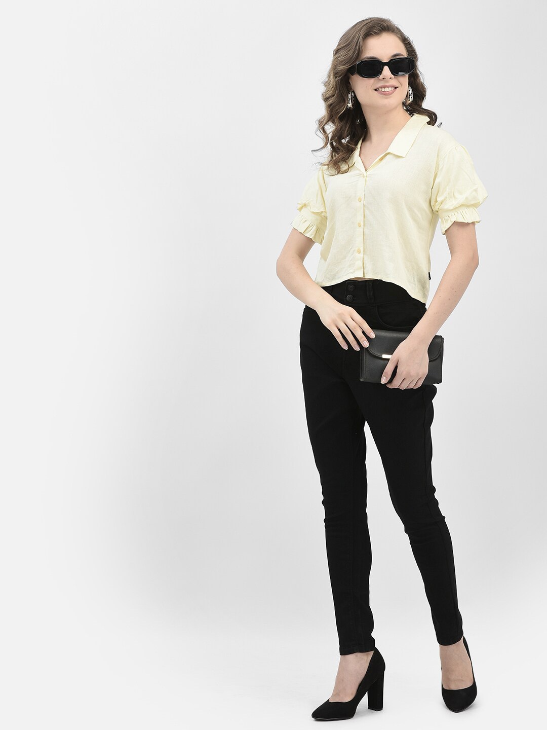 

Crimsoune Club Spread Collar Short Puff Sleeves Classic Slim Fit Casual Crop Shirt, Yellow