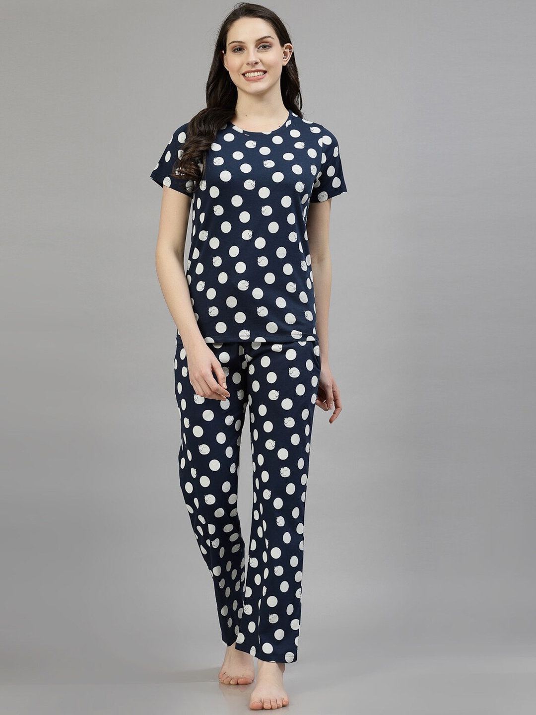 

ETC Women Polka Dots Printed Night suit, Navy blue