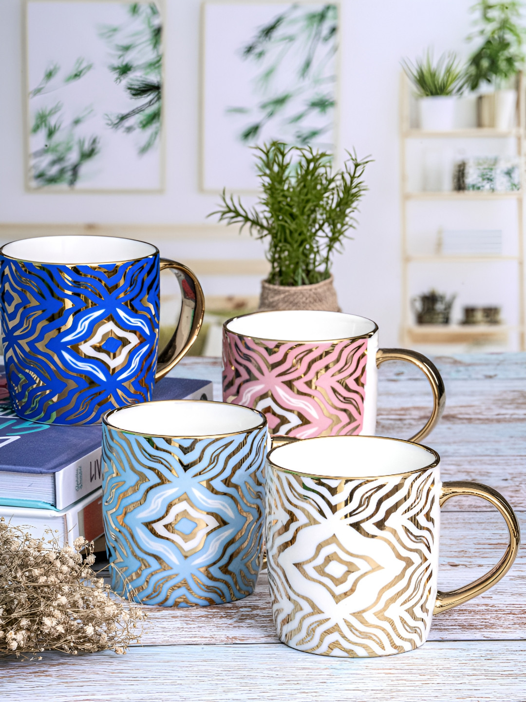 

Roxx White & Blue Floral Printed Porcelain Glossy Mugs Set of Cups and Mugs