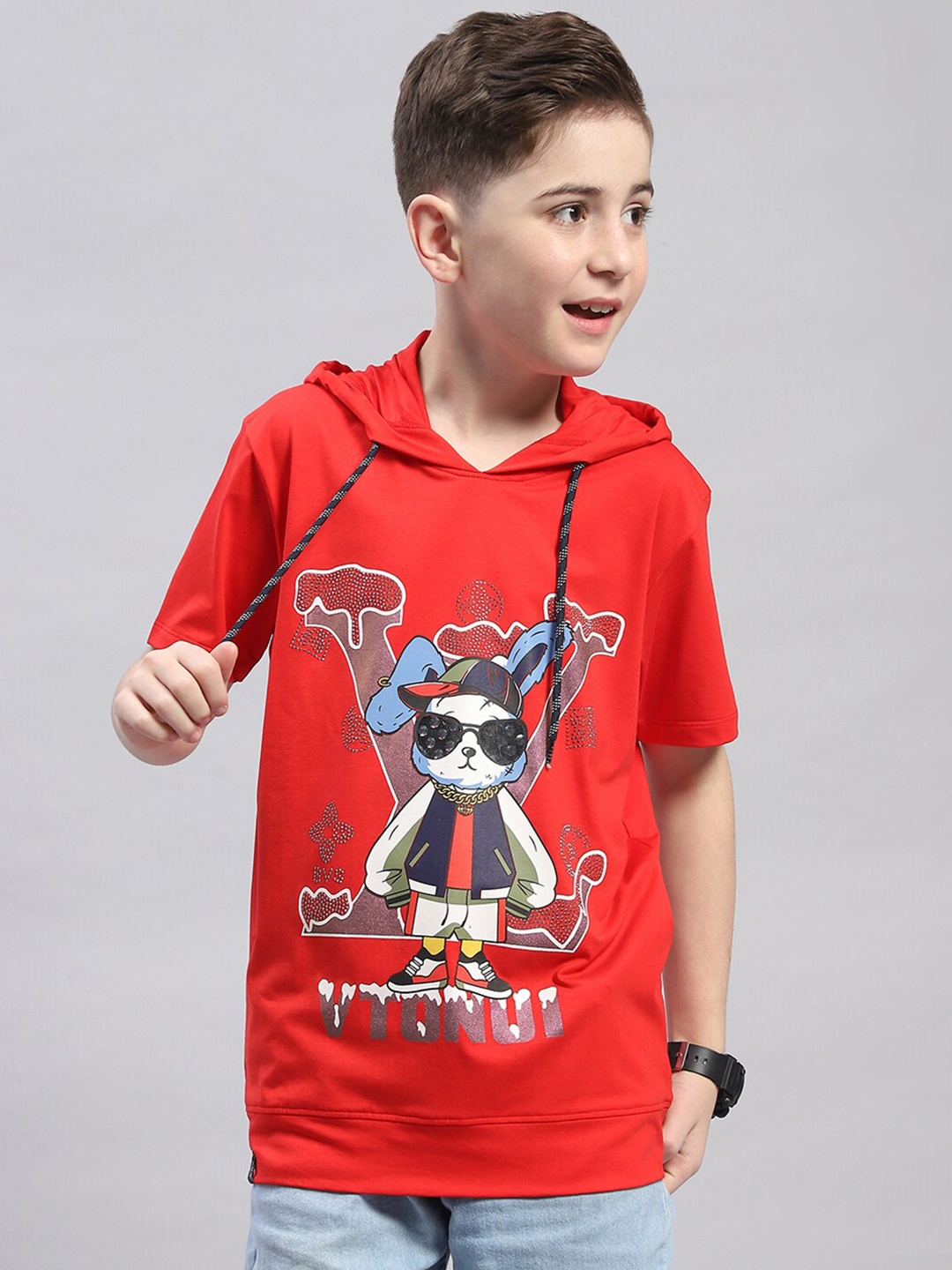 Monte Carlo Boys Graphic Printed Hooded Cotton T-shirt, Red