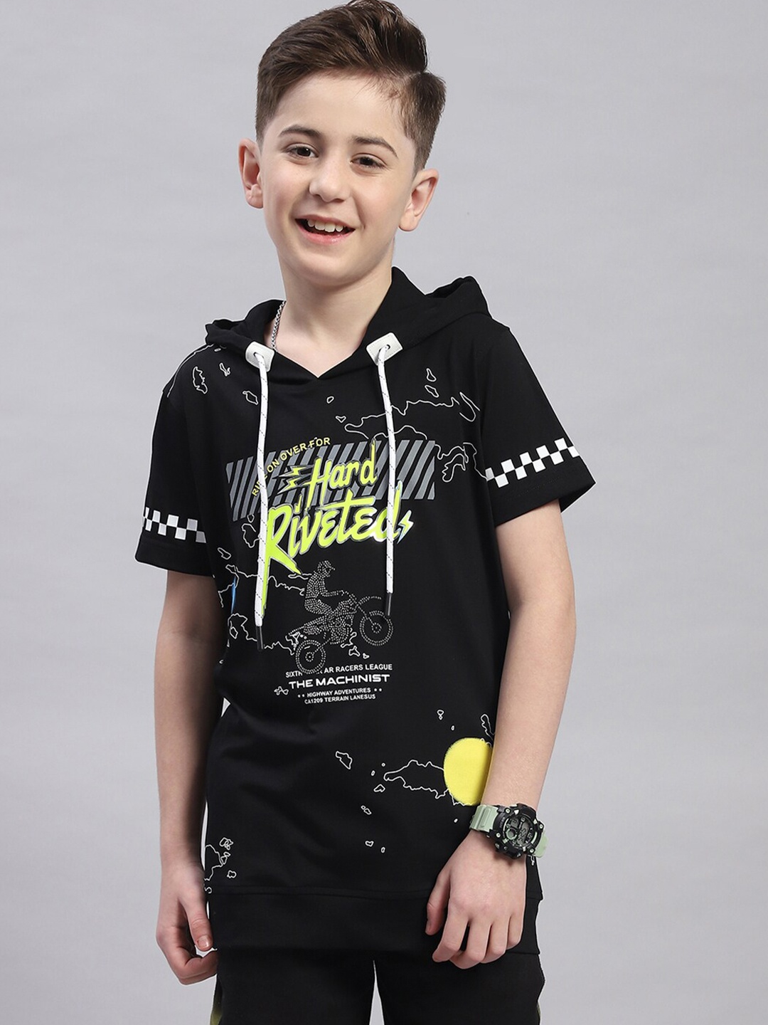 

Monte Carlo Boys Typography Printed Cotton Hooded T-shirt, Black