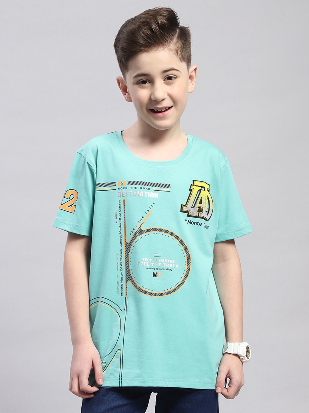 Monte Carlo Boys Typography Printed Cotton T-shirt, Turquoise blue