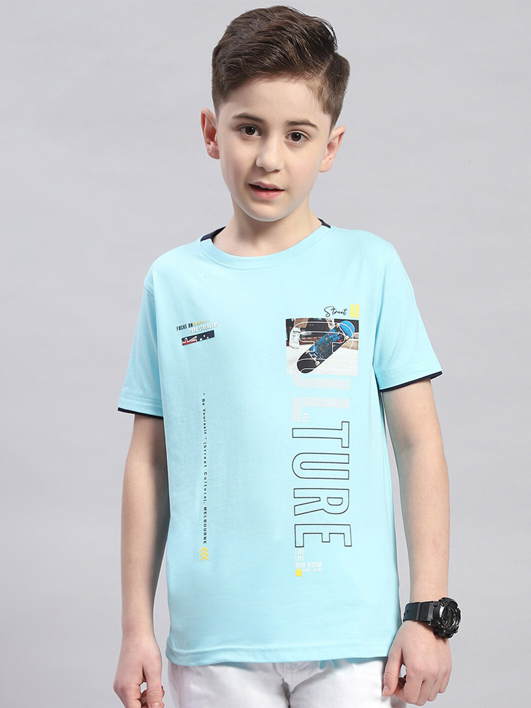 

Monte Carlo Boys Typography Printed Cotton T-shirt, Turquoise blue