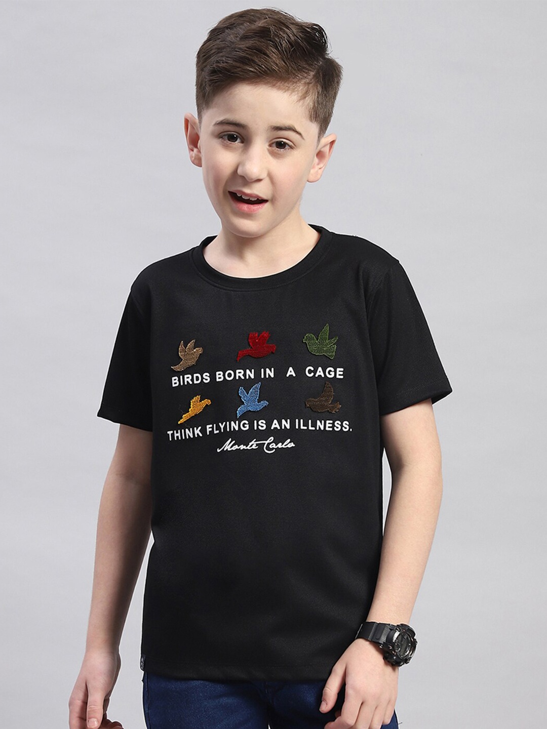

Monte Carlo Boys Round Neck Typography Printed Cotton T-shirt, Black
