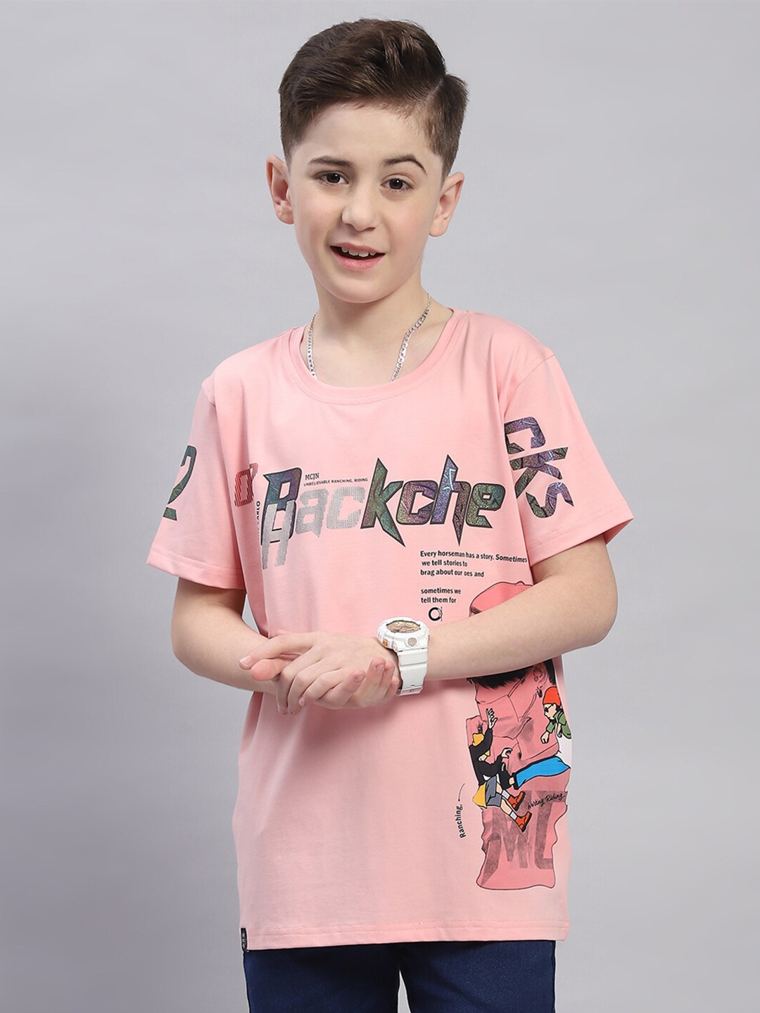 

Monte Carlo Boys Round Neck Typography Printed Cotton T-shirt, Pink