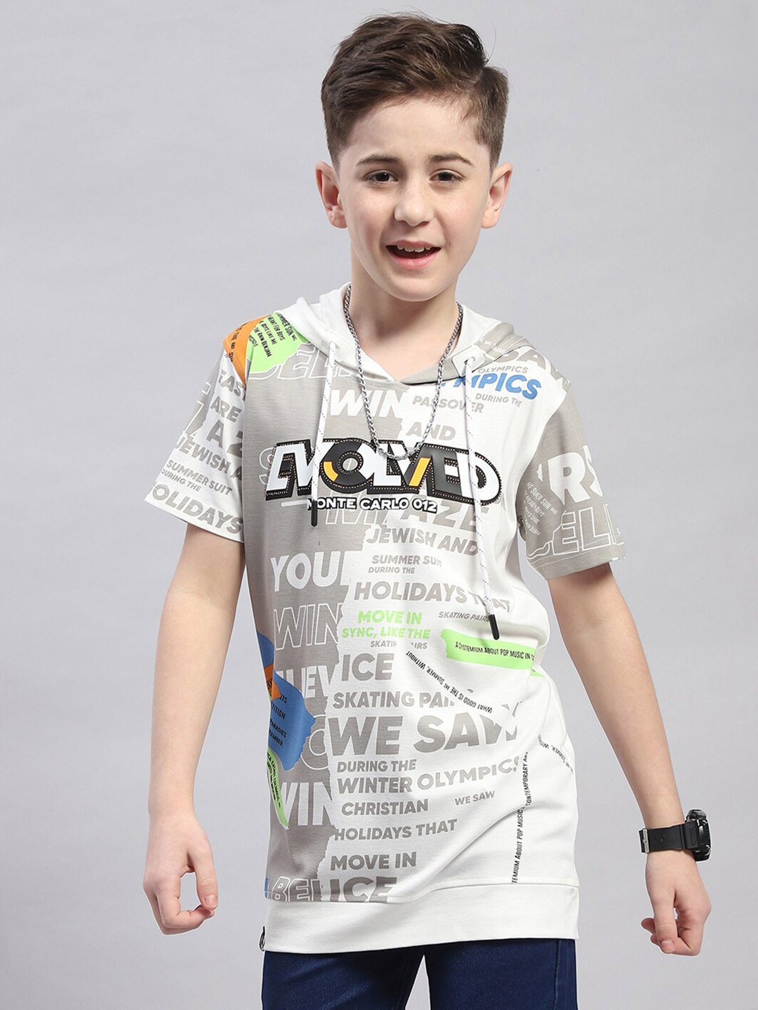 Monte Carlo Boys Typography Printed Cotton Hooded T-shirt, Grey
