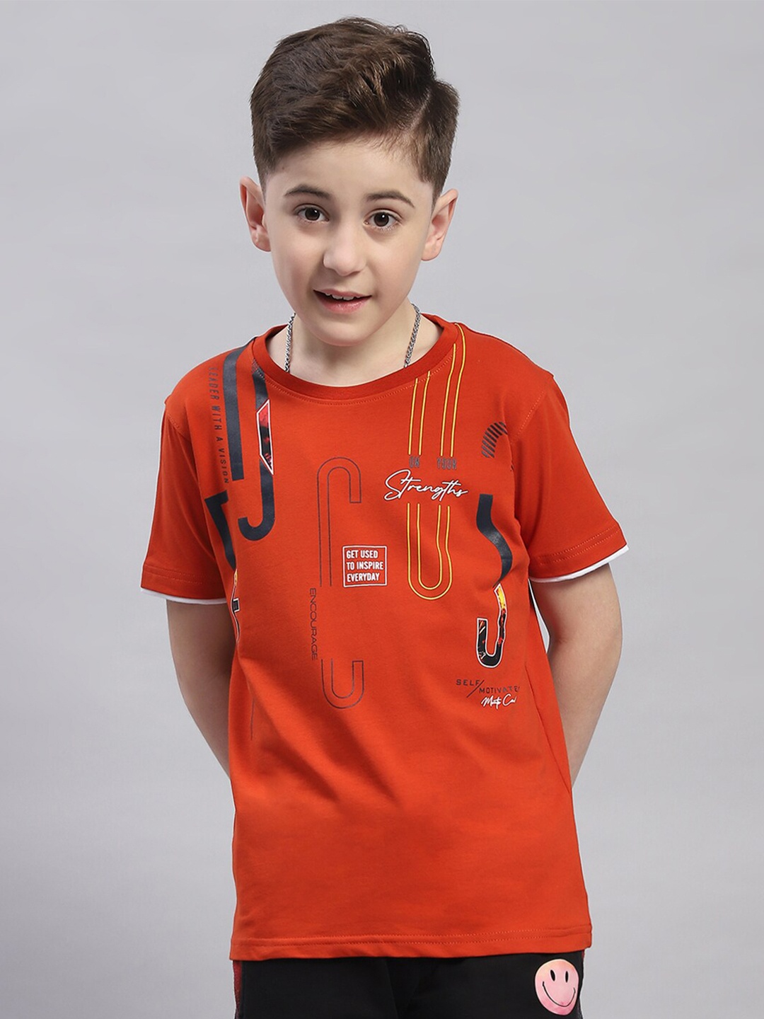 Monte Carlo Boys Round Neck Typography Printed Cotton T-shirt, Rust