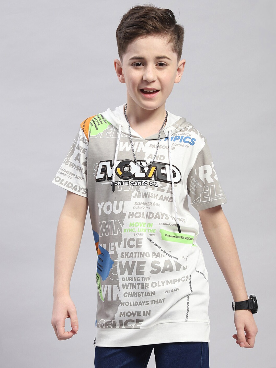 Monte Carlo Boys Typography Printed Cotton Hooded T-shirt, Grey