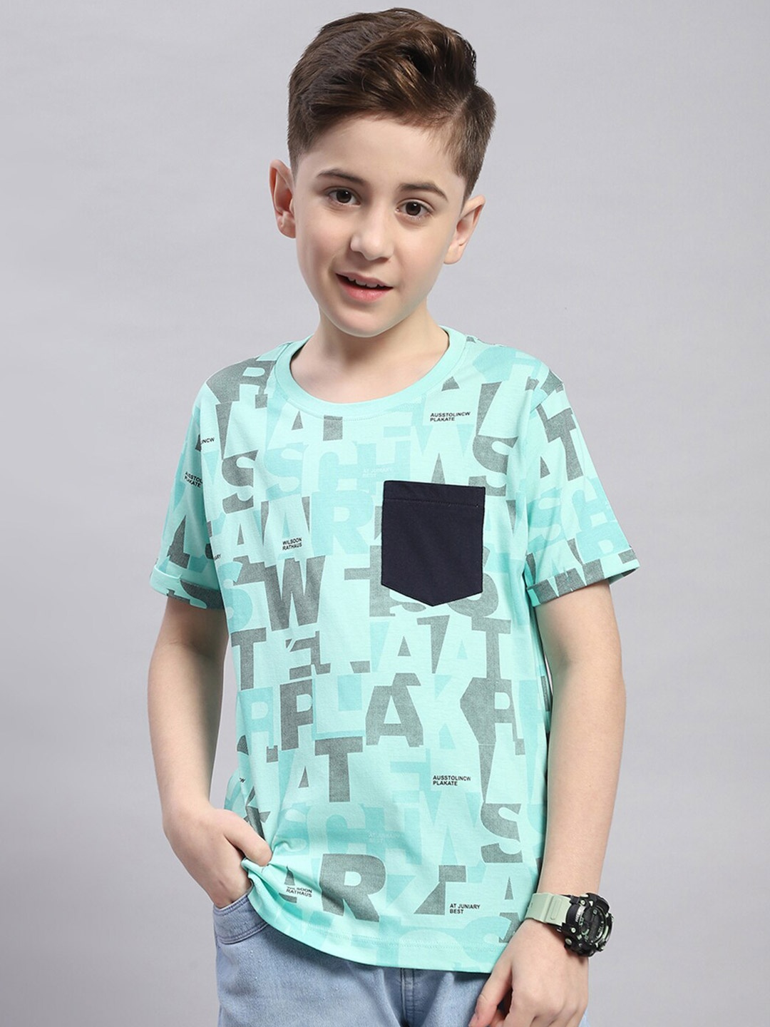 

Monte Carlo Boys Round Neck Printed Pure Cotton Pockets T-shirt, Turquoise blue