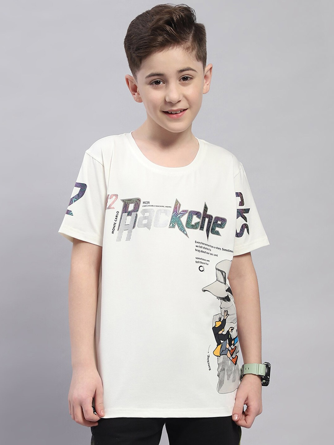 Monte Carlo Boys Round Neck Typography Printed Cotton T-shirt, Off white