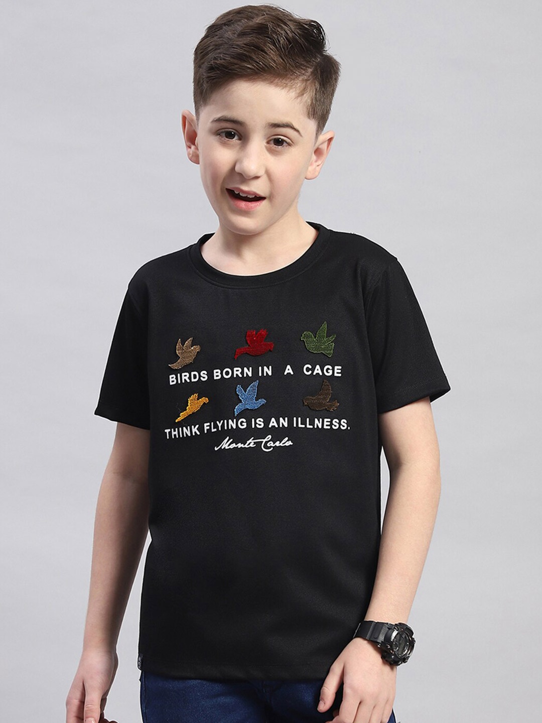 Monte Carlo Boys Round Neck Typography Printed Cotton T-shirt, Black