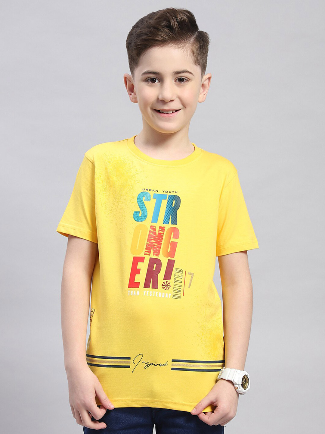 

Monte Carlo Boys Round Neck Typography Printed Cotton T-shirt, Yellow