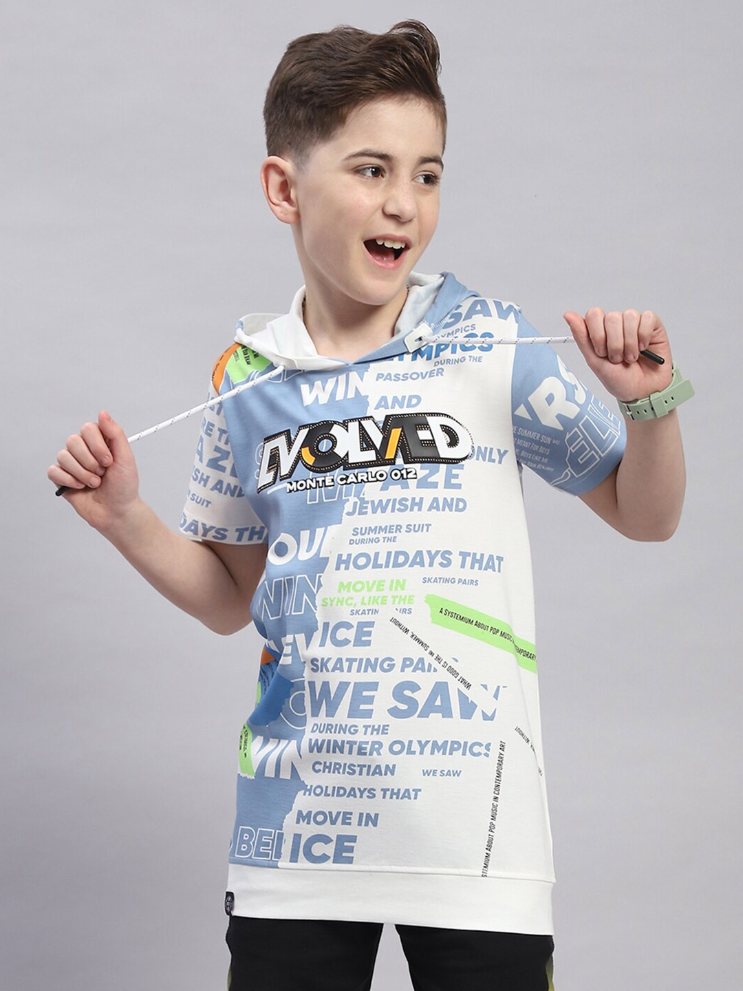 Monte Carlo Boys Typography Printed Hooded T-shirt, Off white