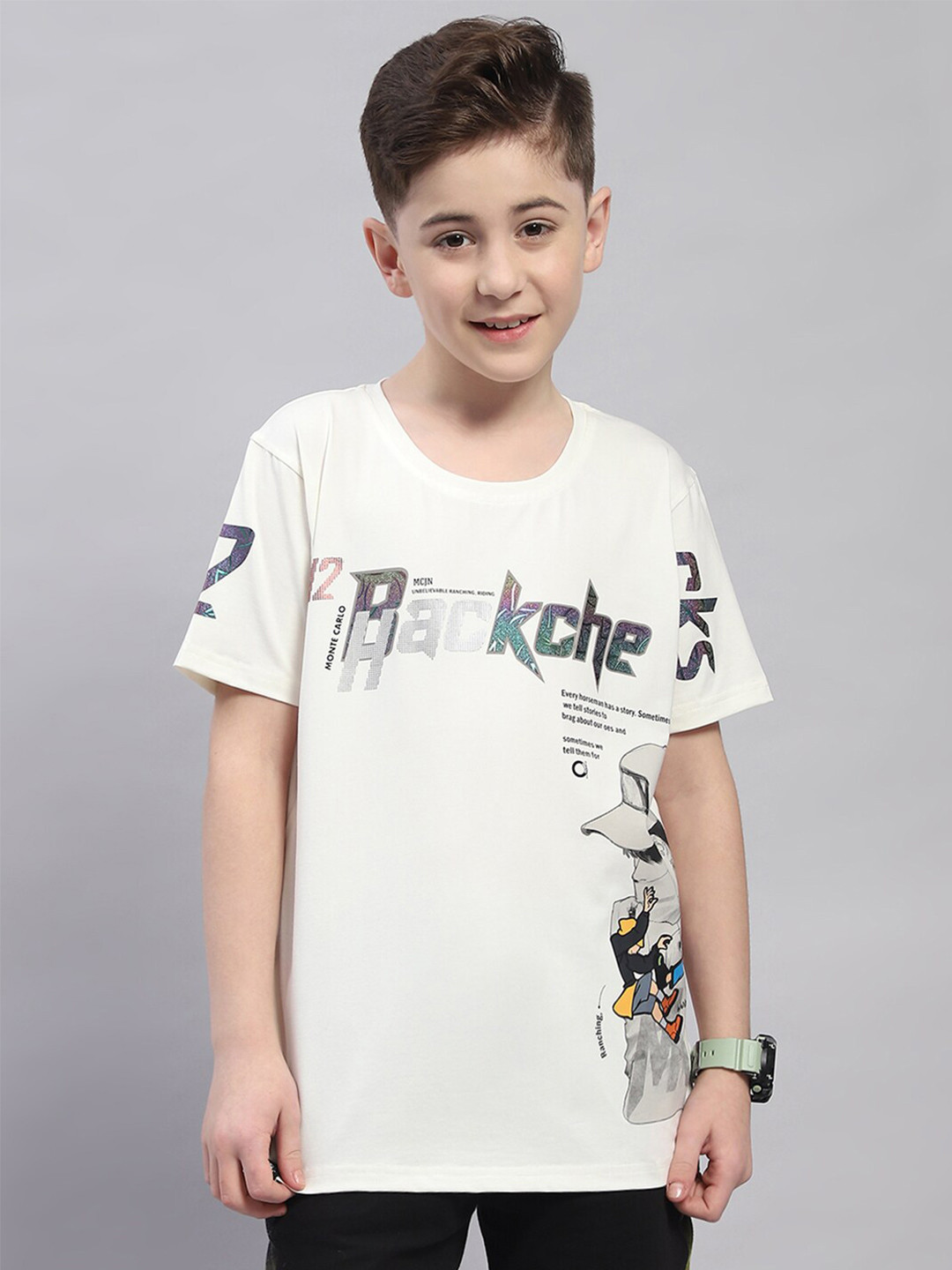 

Monte Carlo Boys Typography Printed Cotton T-shirt, Off white