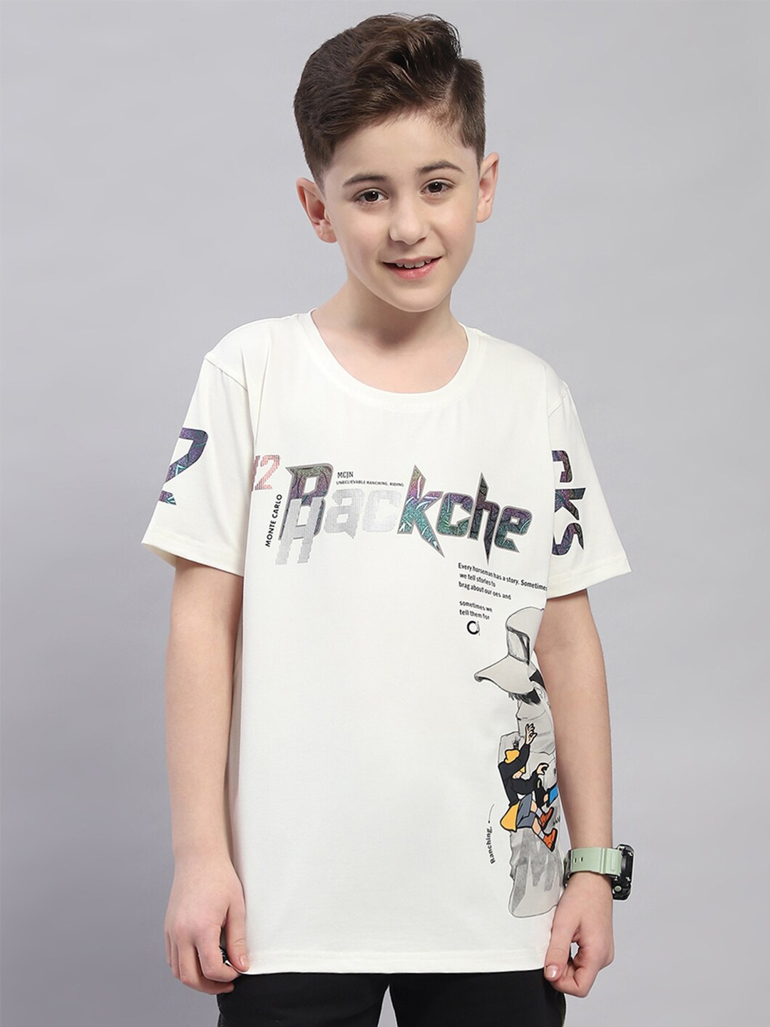 

Monte Carlo Boys Typography Printed Cotton T-shirt, Off white