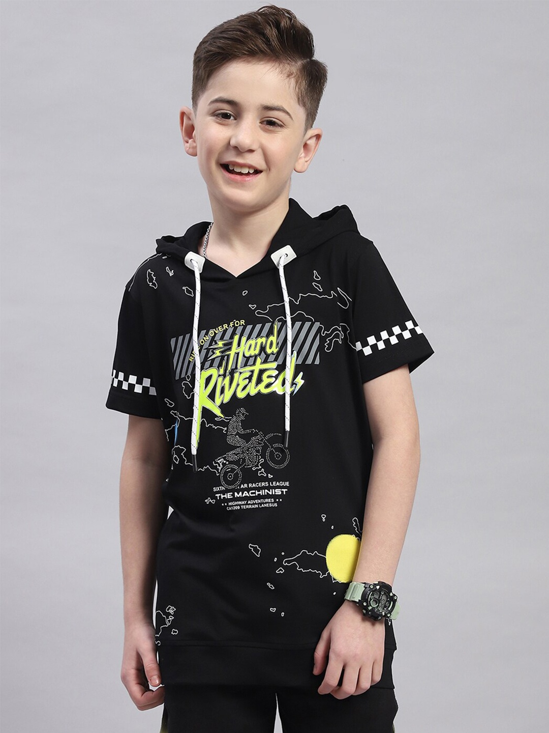 

Monte Carlo Boys Typography Printed Hooded Cotton T-shirt, Black
