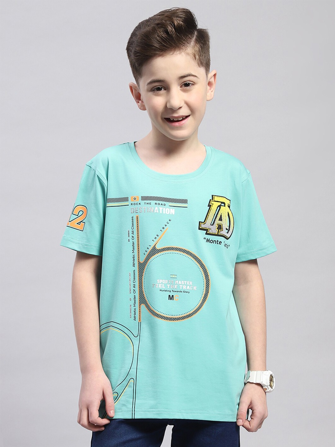 Monte Carlo Boys Typography Printed Casual Round Neck T-shirt, Turquoise blue