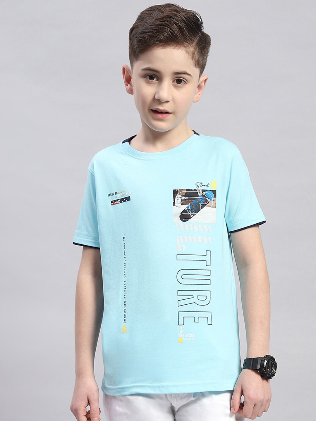 

Monte Carlo Boys Typography Printed Casual Round Neck T-shirt, Turquoise blue