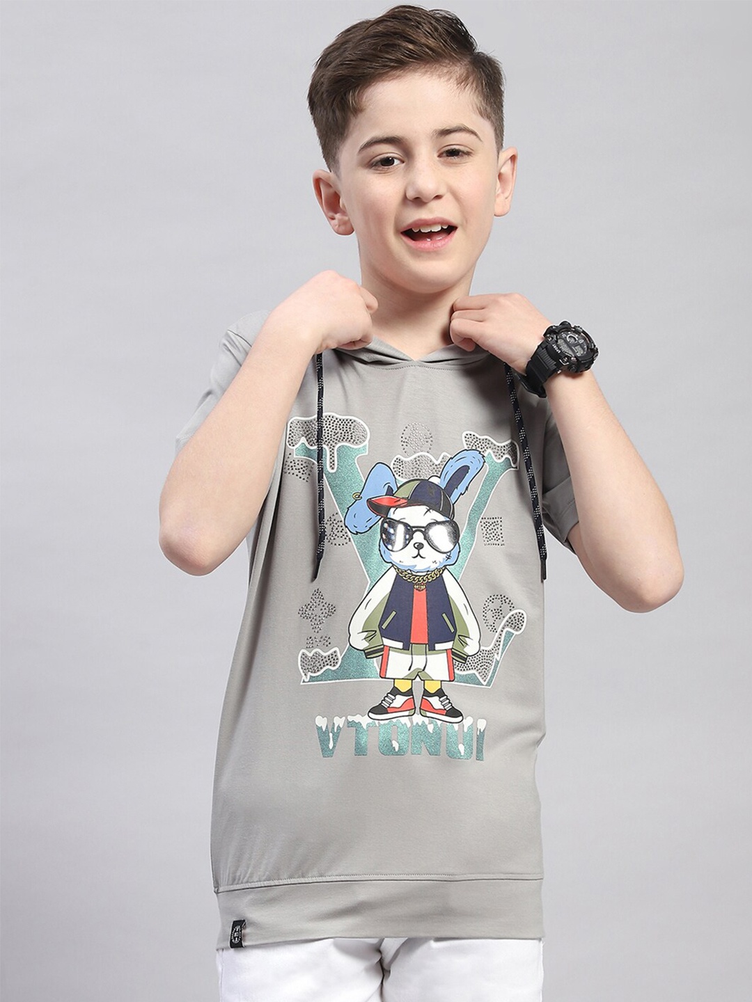 

Monte Carlo Boys Graphic Printed Round Neck Cotton T-shirt, Grey