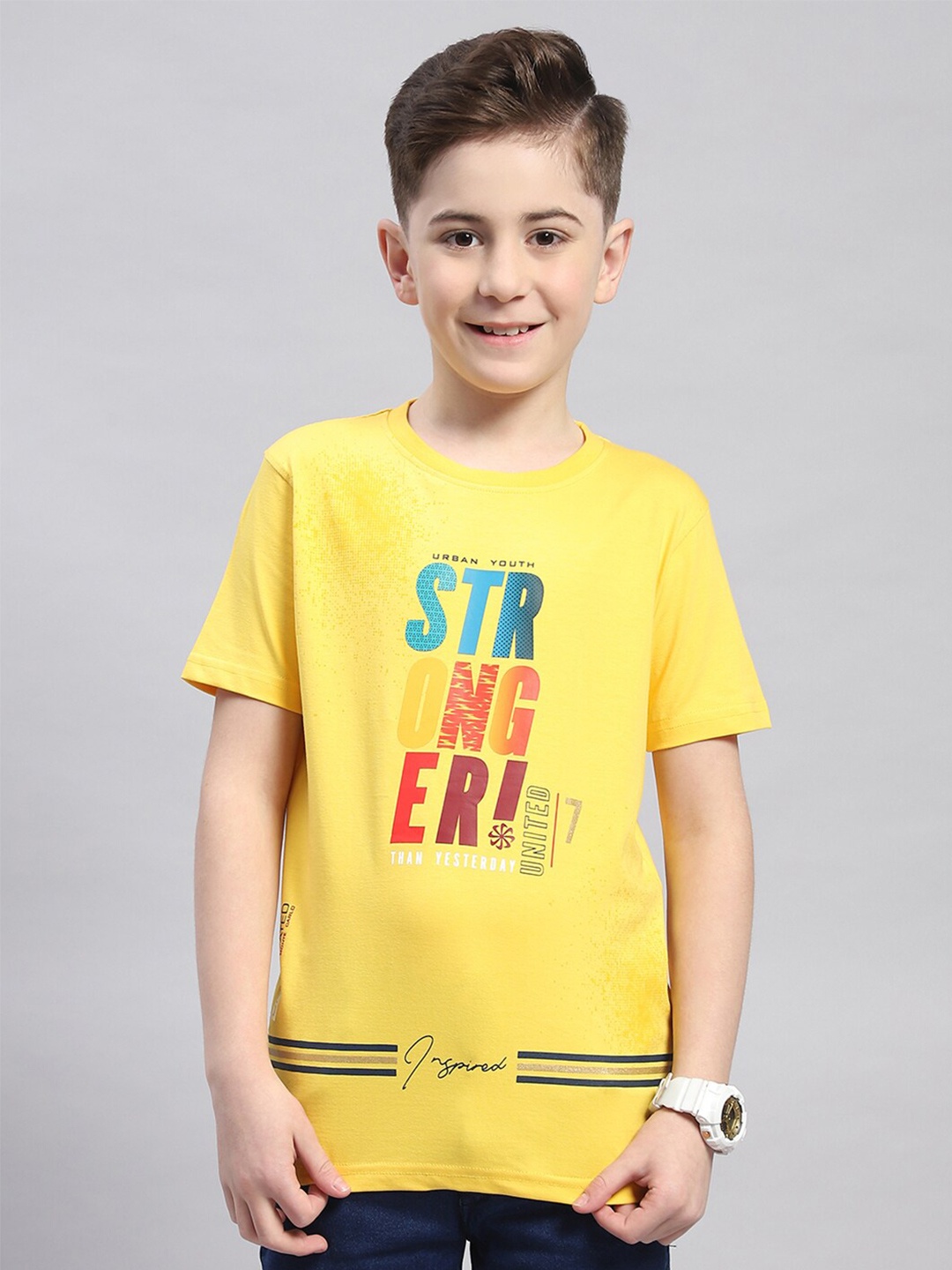 

Monte Carlo Boys Typography Printed Round Neck Cotton T-shirt, Yellow