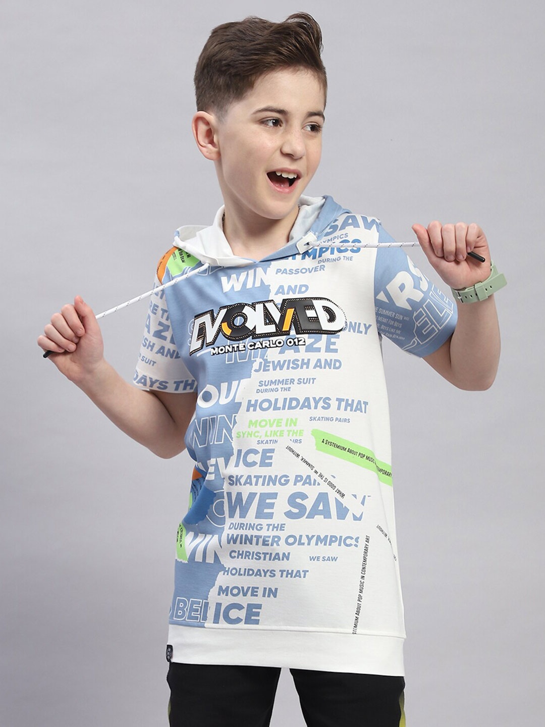 Monte Carlo Boys Typography Printed Casual Hooded T-shirt, Off white