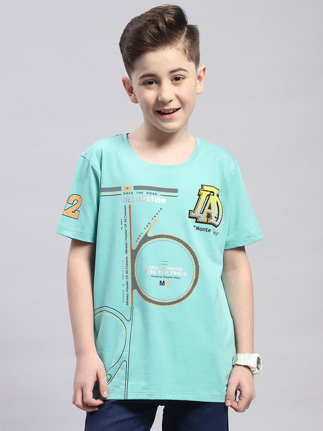 Monte Carlo Boys Typography Printed Casual Round Neck T-shirt, Turquoise blue