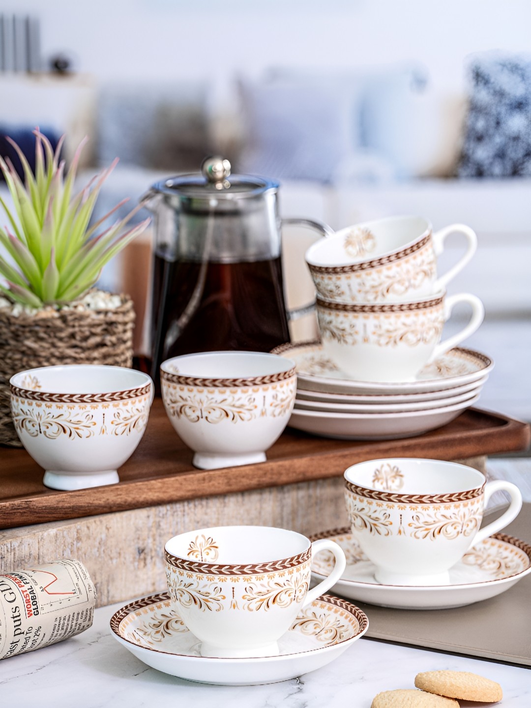 

SONAKI White & Brown Floral Printed Bone China Glossy Cups and Saucers Set of Cups and Mugs