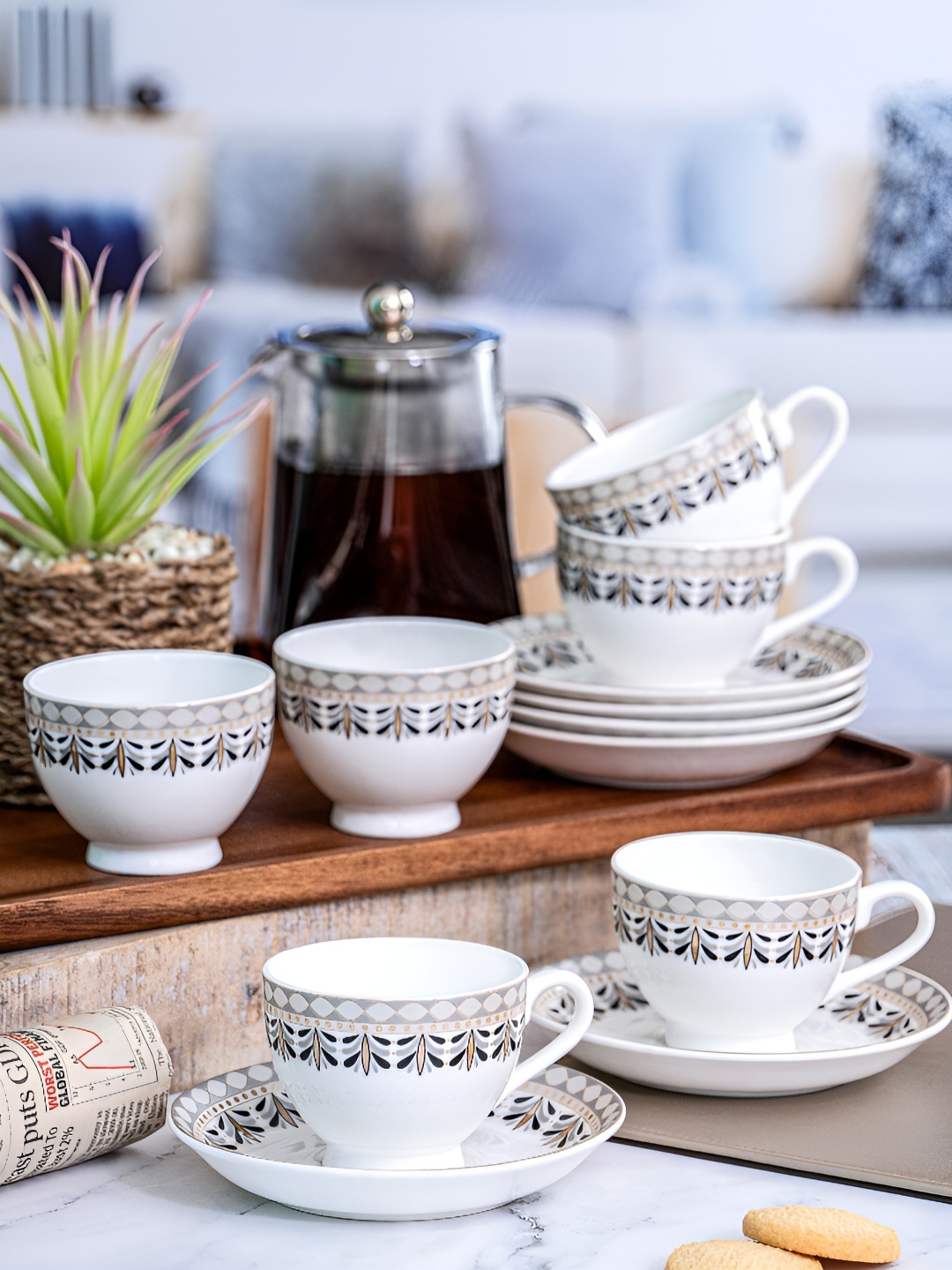 

SONAKI White & Grey Floral Printed Bone China Glossy Cups and Saucers Set of Cups and Mugs