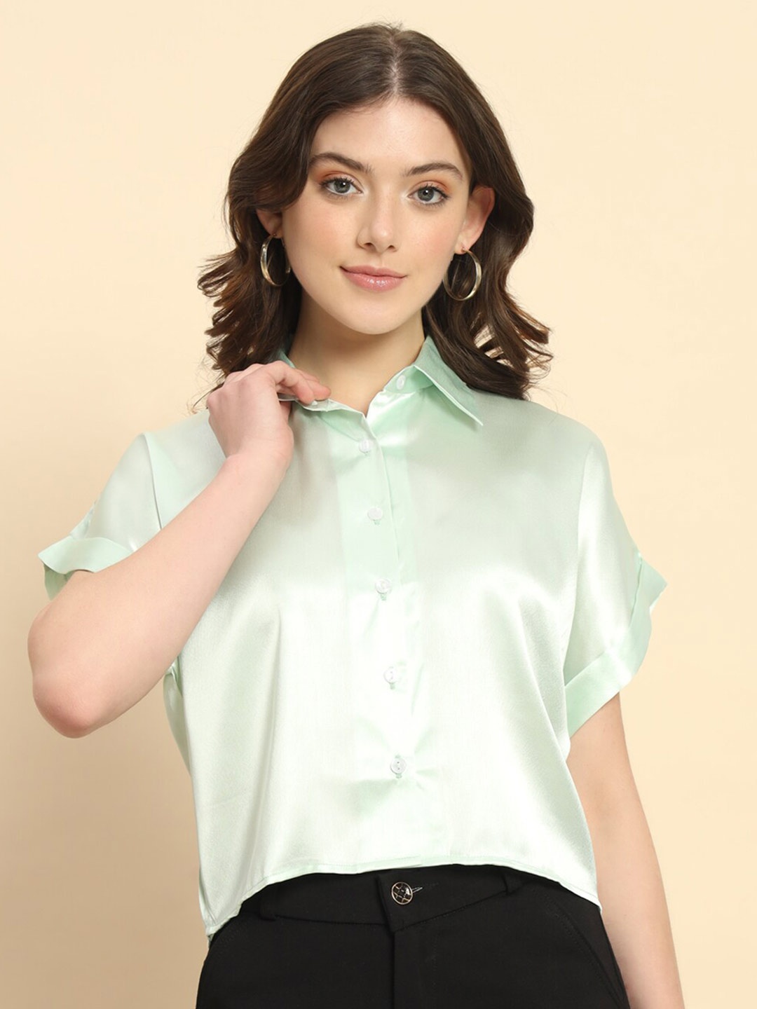 

Trend Arrest Custom Boxy Satin Cropped Casual Shirt, Green