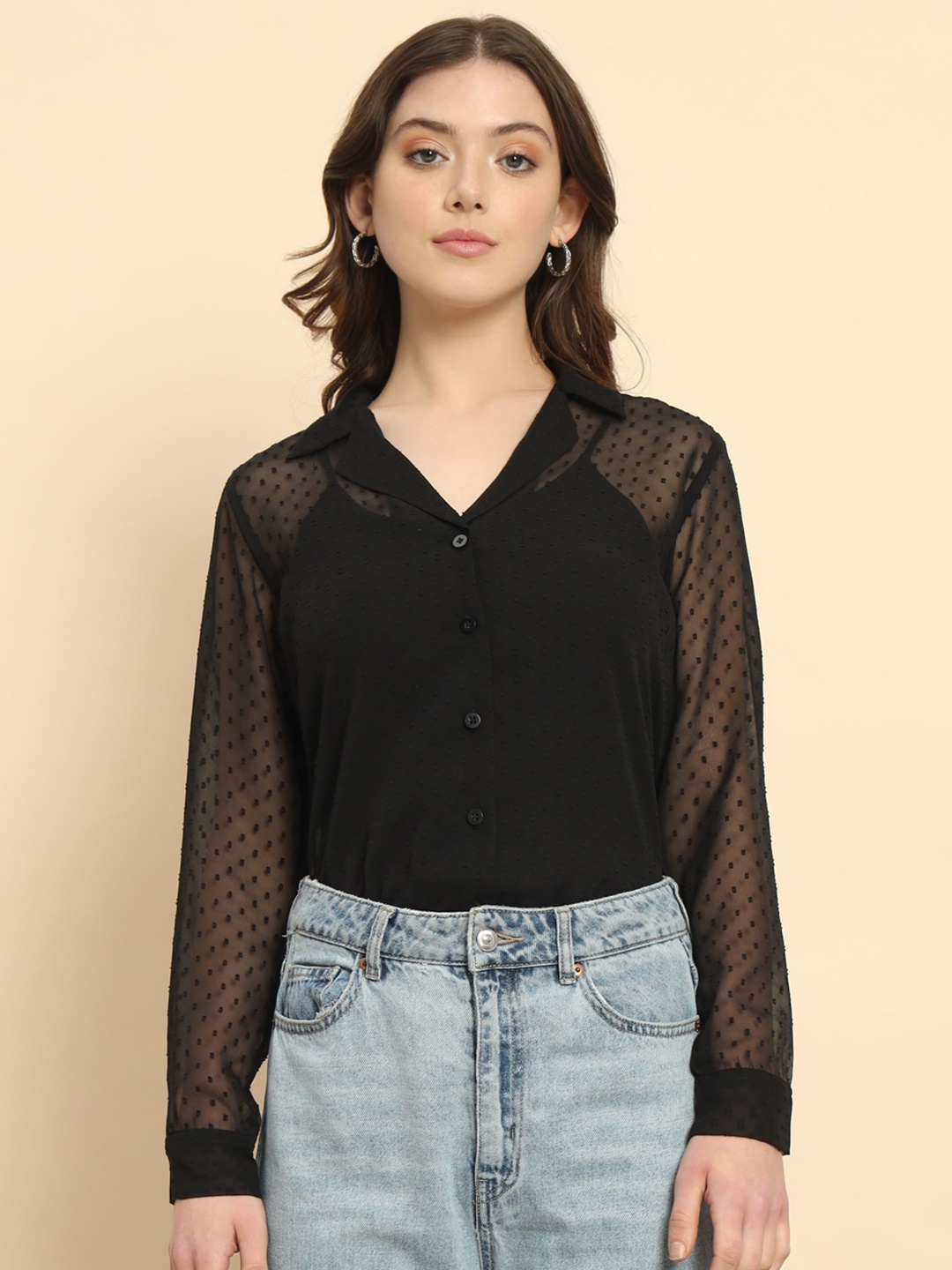 

Trend Arrest Contemporary V-Neck Sheer Casual Shirt, Black