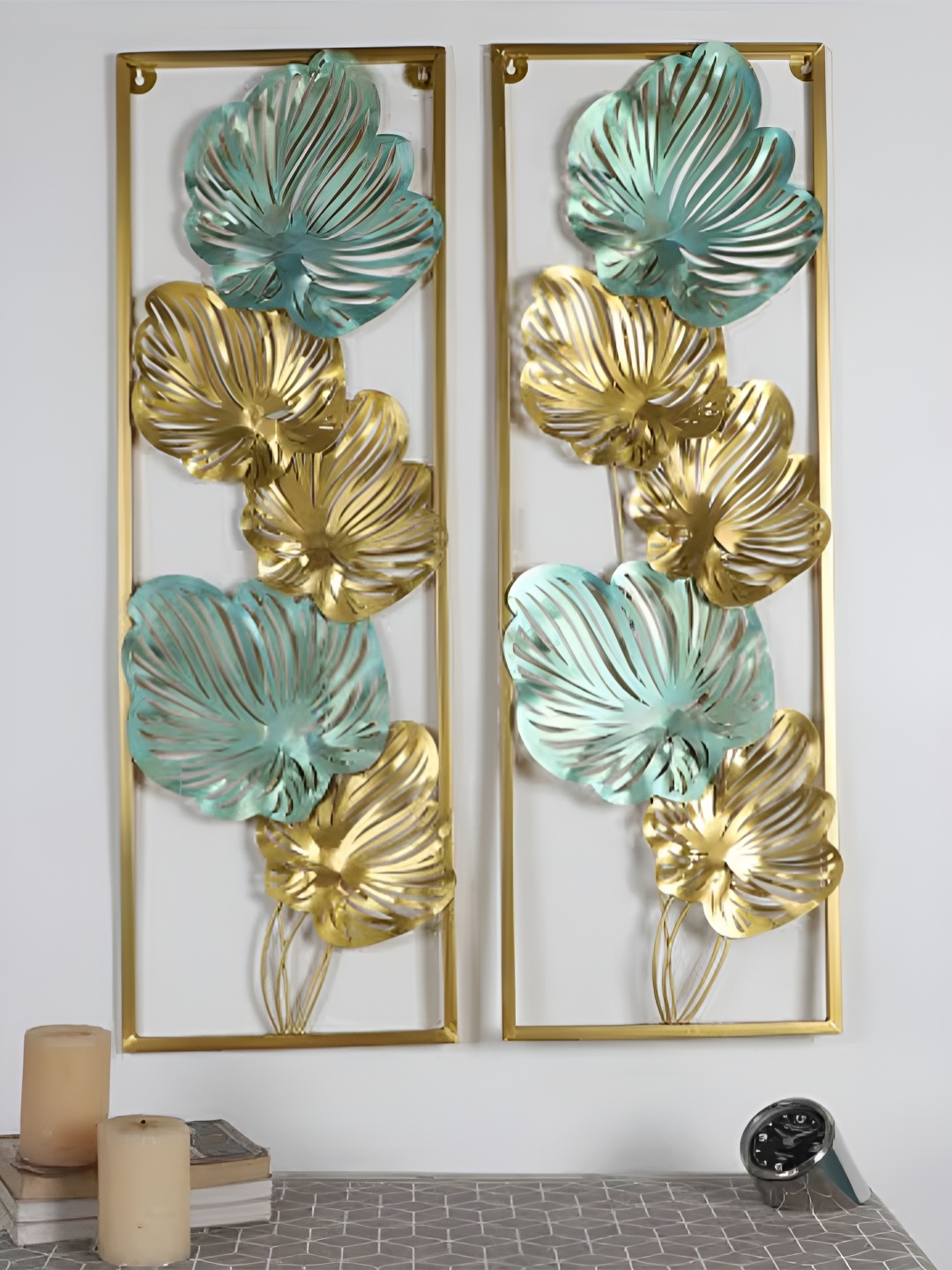 

DECOR WISHES Beige & Teal 2 Pcs Metal Mini Plants Hanging Wall Decor