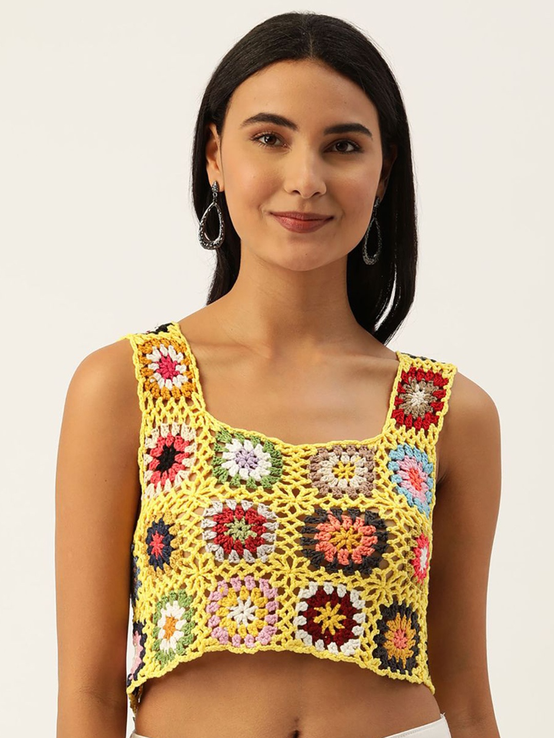 

DressBerry Yellow Self Design Shoulder Straps Acrylic Crop Top