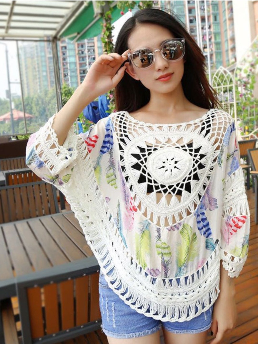 

DressBerry White Self Designed Boat Neck Cotton Swimwear Cover up Top