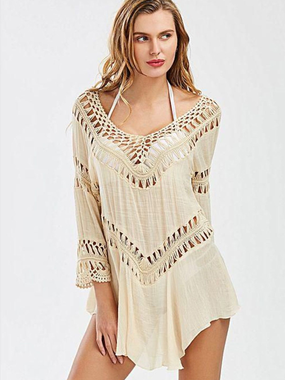 

DressBerry Beige Self Design Swimwear Cover up Top