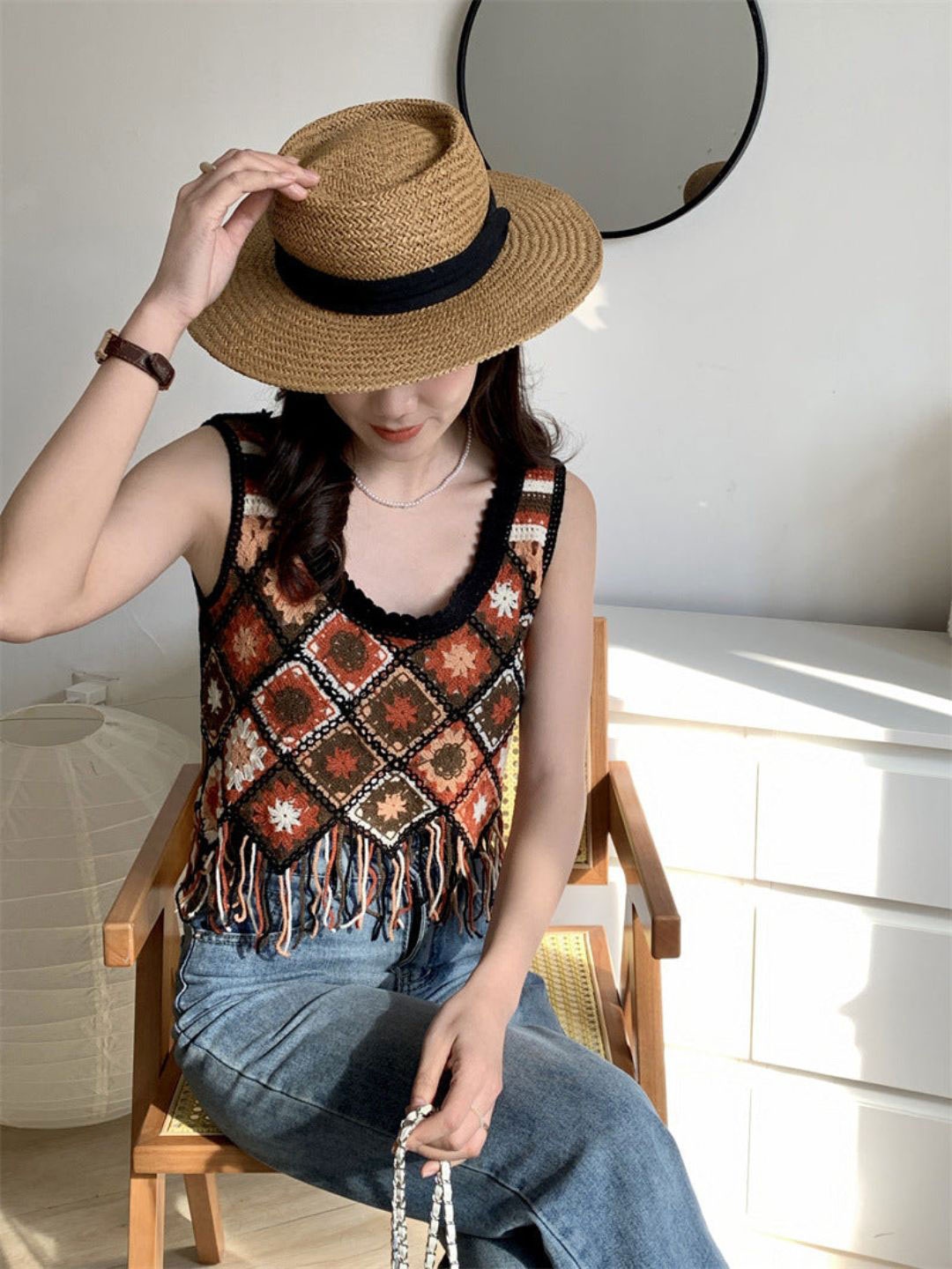 

DressBerry Black Self Design Scoop Neck Fringed Crochet Crop Top