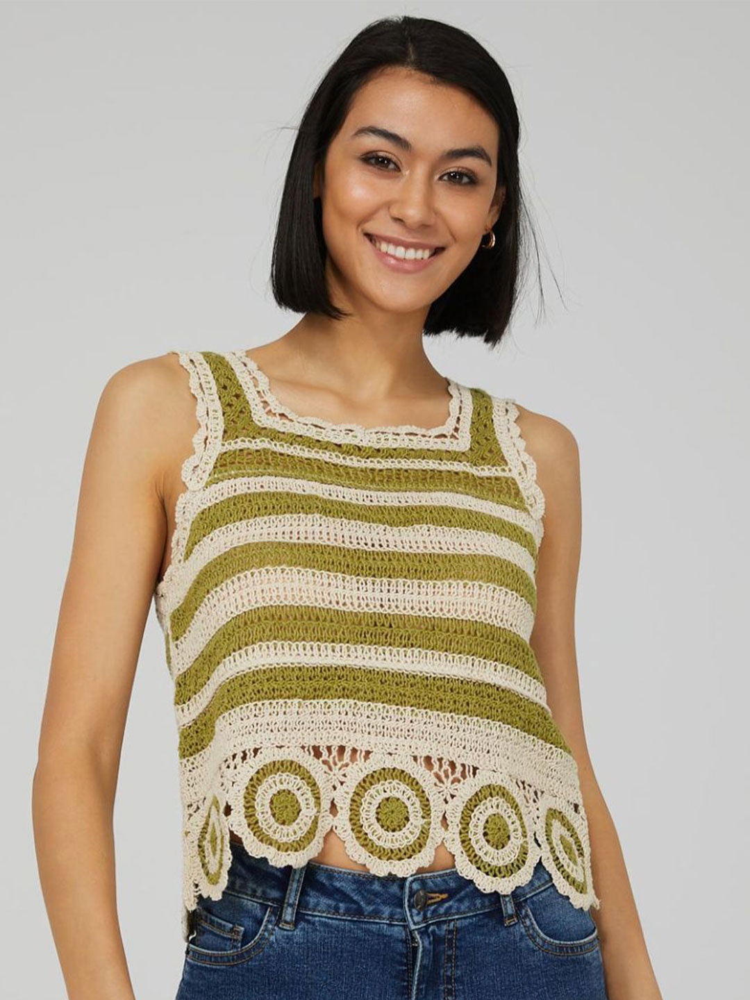 

DressBerry Green Self Design Square Neck Crop Top