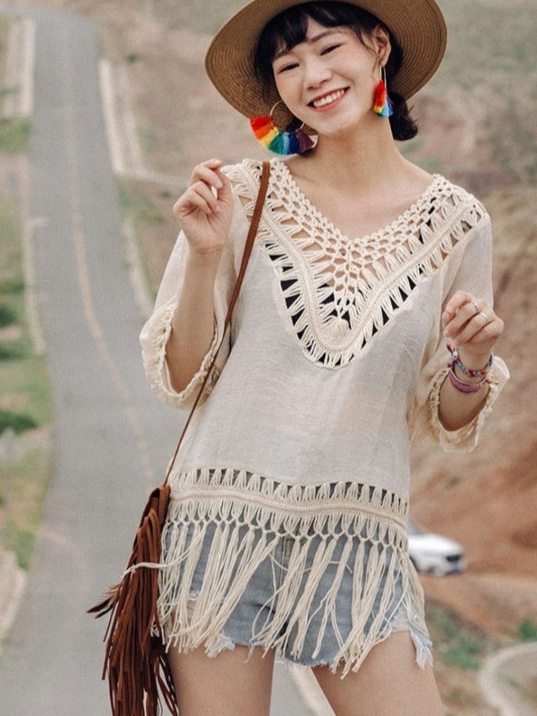 

DressBerry Beige Self Design Fringed Cotton Crop Top
