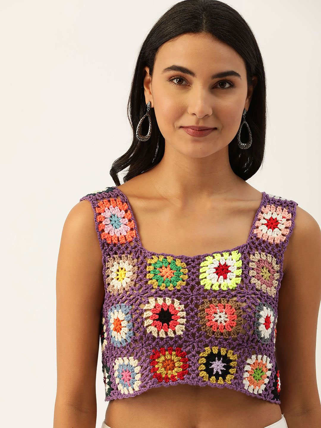 

DressBerry Purple Self Design Square Neck Acrylic Crop Crochet Top