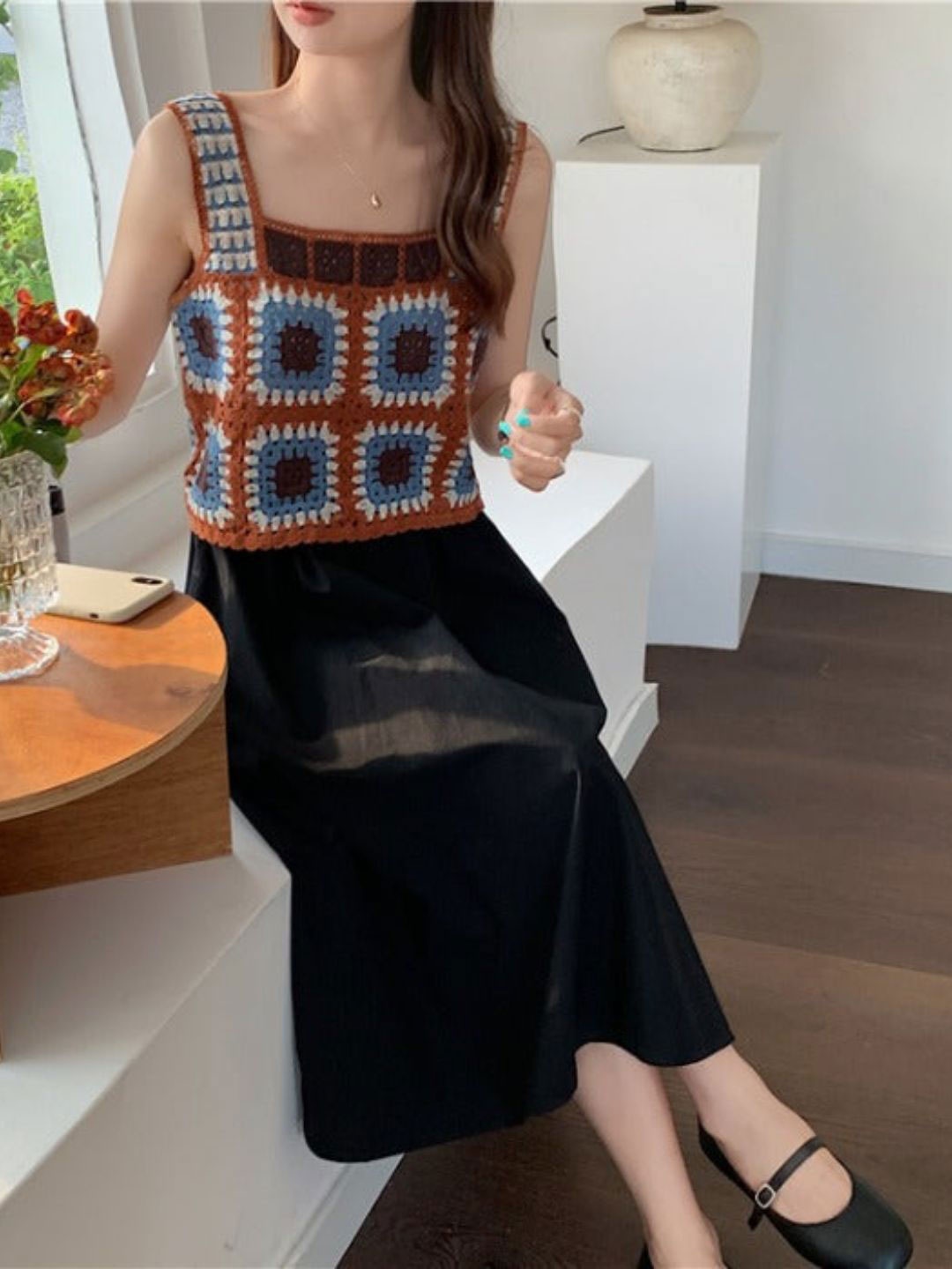 

DressBerry Tribal Printed Square Neck Cotton Crochet Tops, Coffee brown