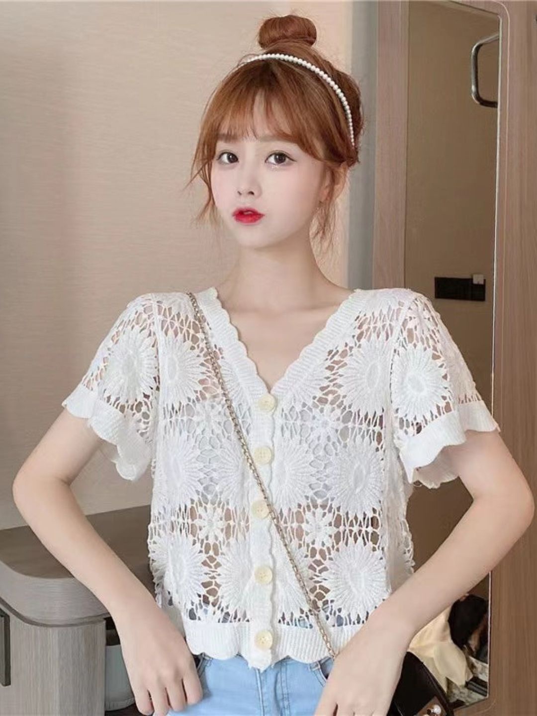 

DressBerry Self Design V-Neck Top, White