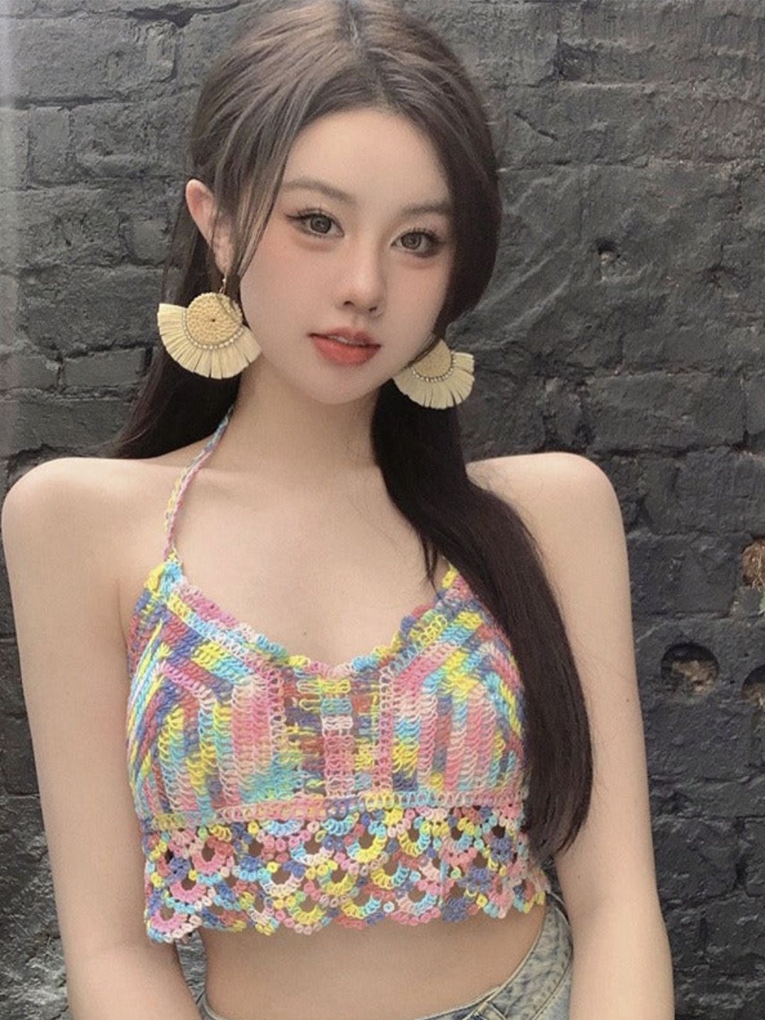 

DressBerry Yellow & Blue Self Design Halter Neck Crop Top